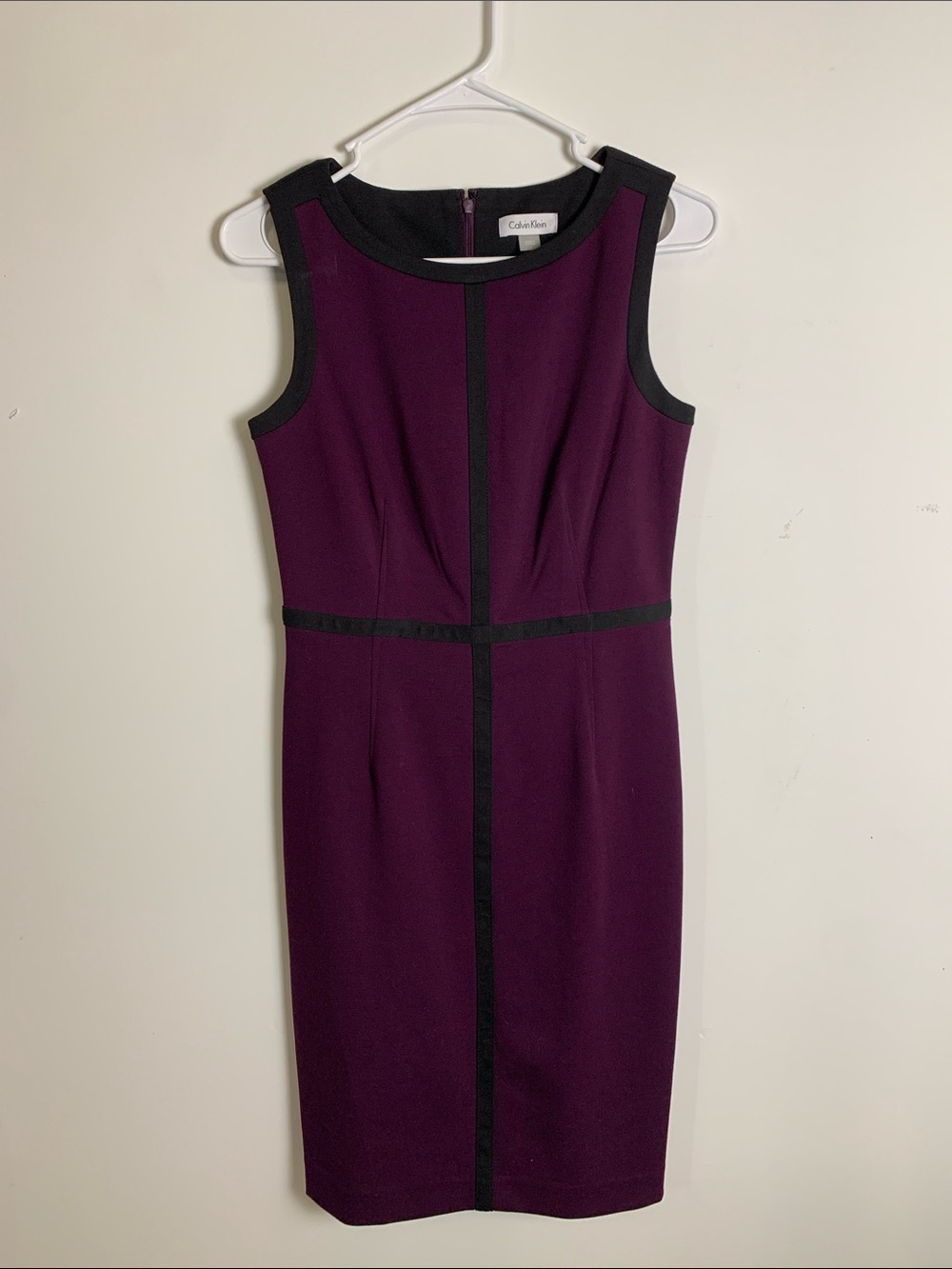 Calvin Klein Plum Midi Sheath Dress with Black Trim